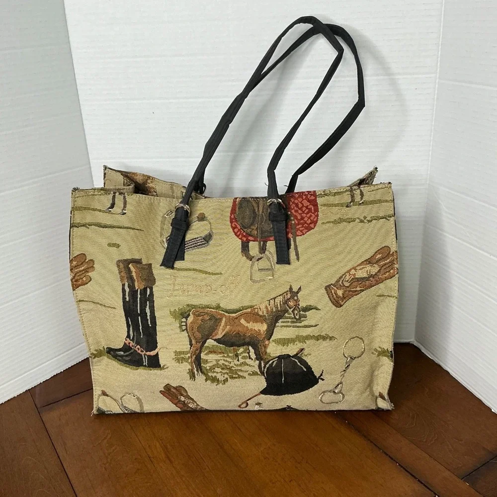 Braciano Equestrian Horse Tapestry Tote Bag Tan Black Large Shoulder Bag